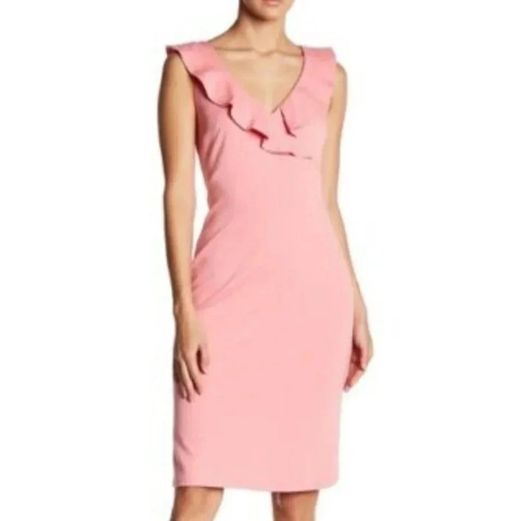 SUPERFOXX  Size L V-Neck Ruffle Midi Dress in Pink Papaya NEW! - Picture 1 of 6
